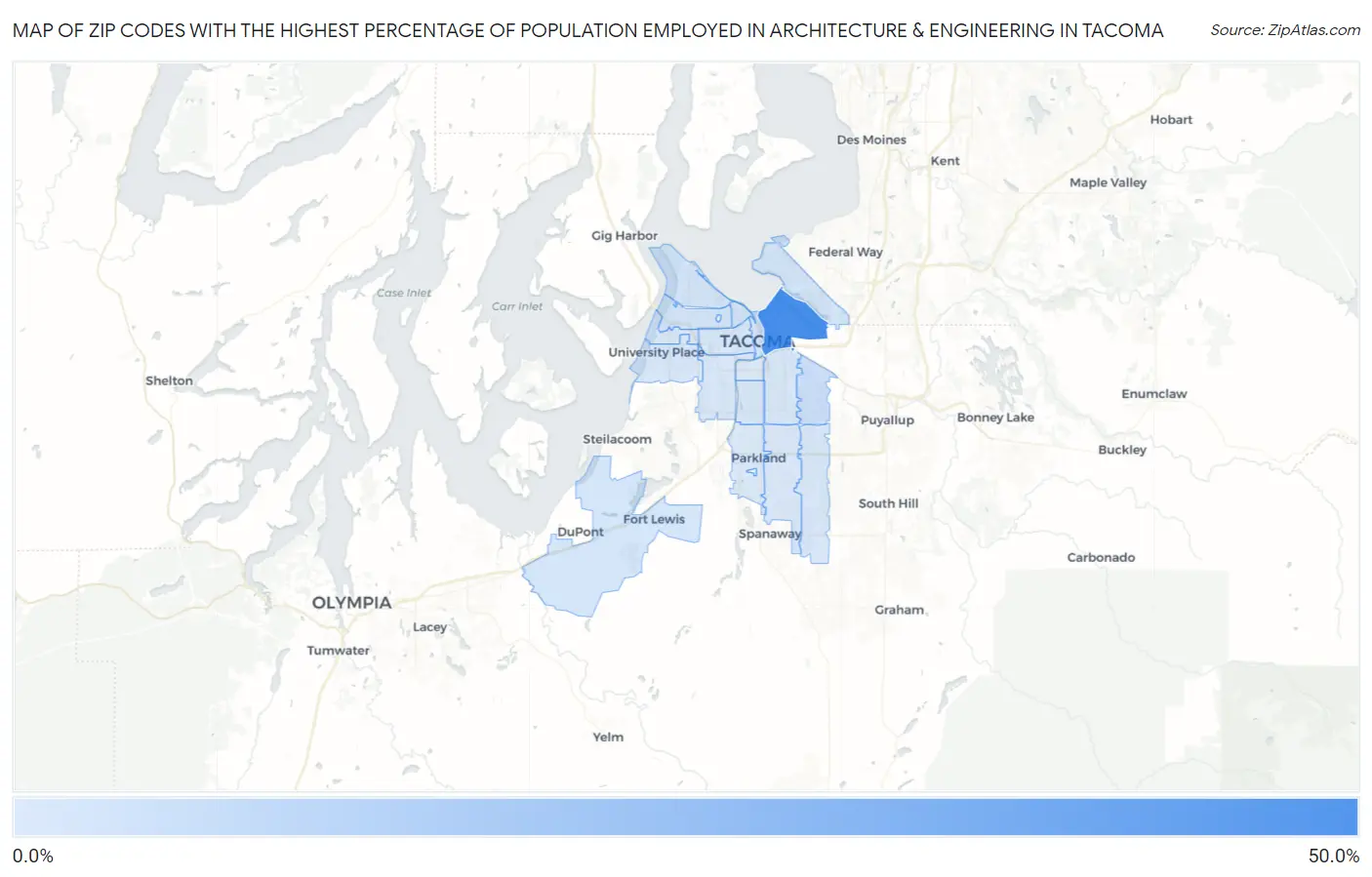 Zip Codes with the Highest Percentage of Population Employed in Architecture & Engineering in Tacoma Map