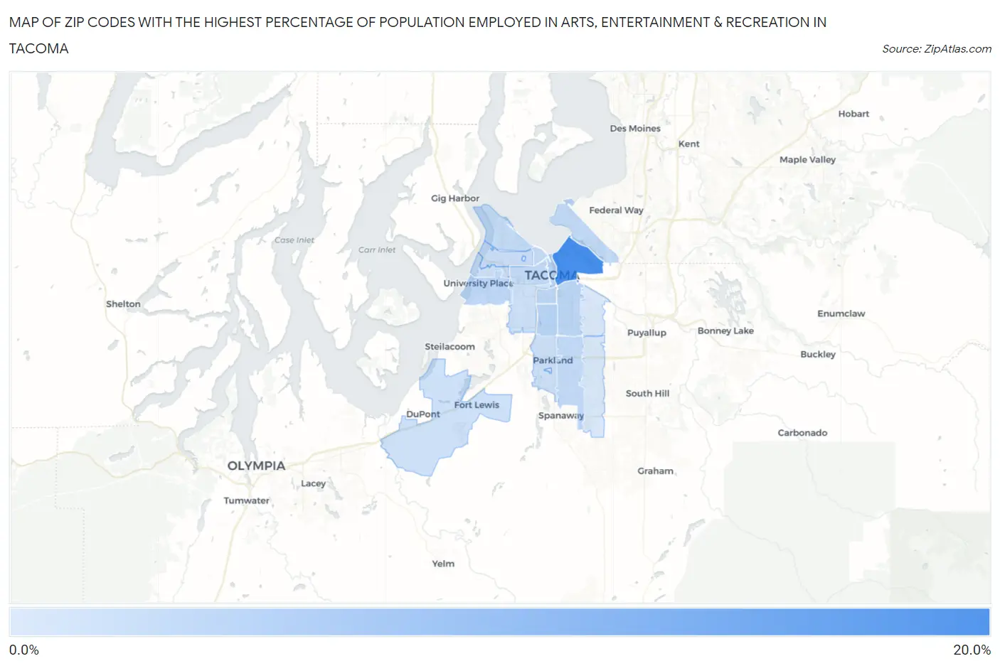 Zip Codes with the Highest Percentage of Population Employed in Arts, Entertainment & Recreation in Tacoma Map
