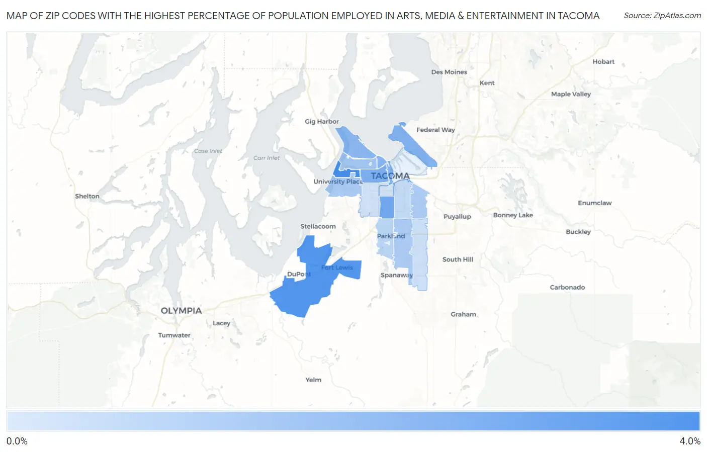 Zip Codes with the Highest Percentage of Population Employed in Arts, Media & Entertainment in Tacoma Map