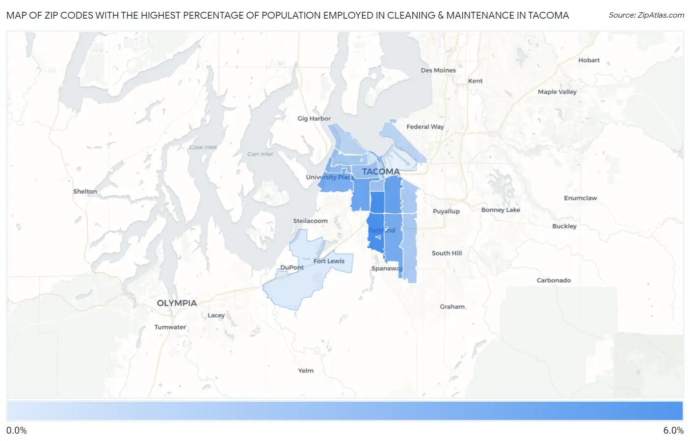 Zip Codes with the Highest Percentage of Population Employed in Cleaning & Maintenance in Tacoma Map