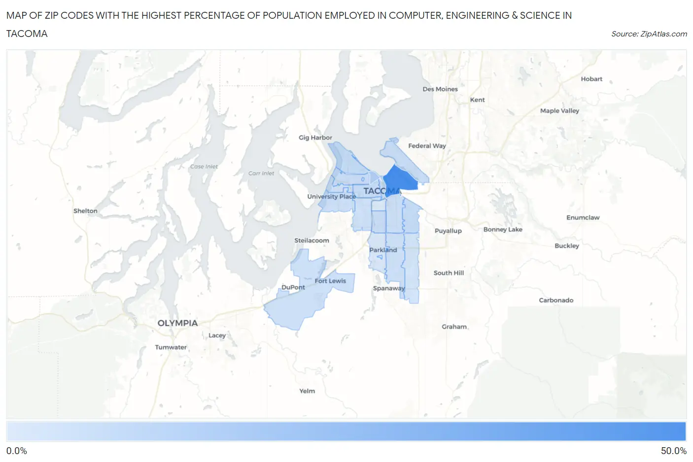 Zip Codes with the Highest Percentage of Population Employed in Computer, Engineering & Science in Tacoma Map