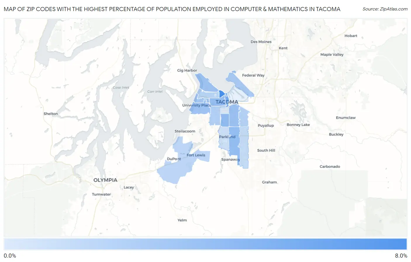 Zip Codes with the Highest Percentage of Population Employed in Computer & Mathematics in Tacoma Map