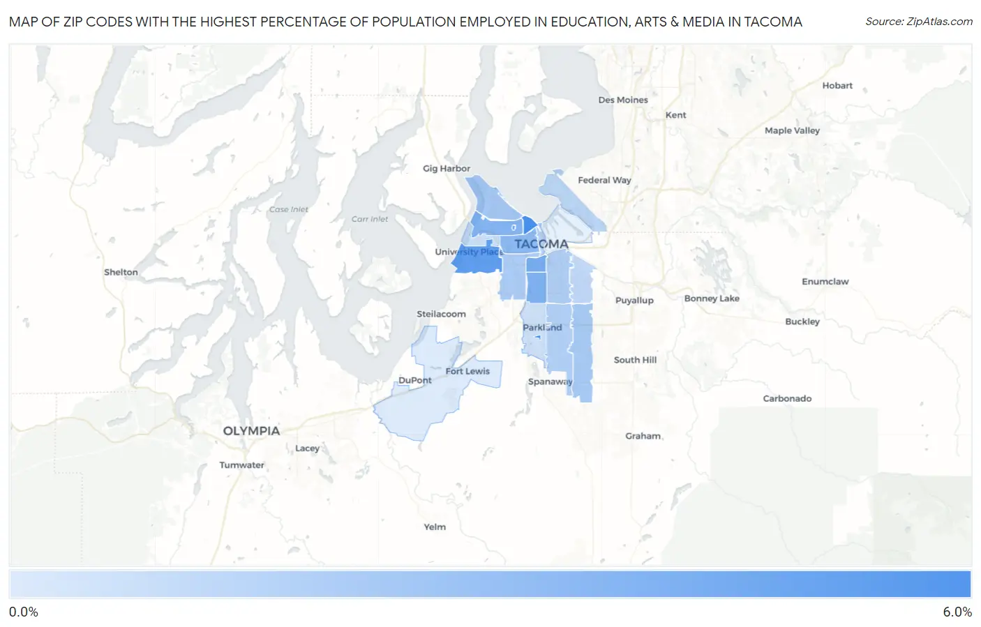 Zip Codes with the Highest Percentage of Population Employed in Education, Arts & Media in Tacoma Map