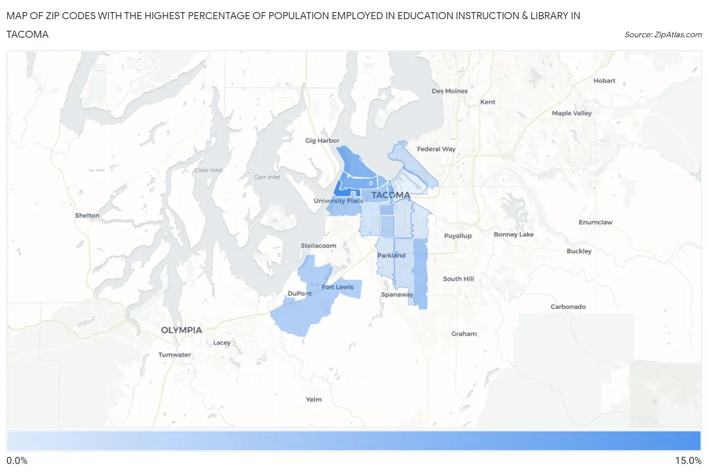 Zip Codes with the Highest Percentage of Population Employed in Education Instruction & Library in Tacoma Map