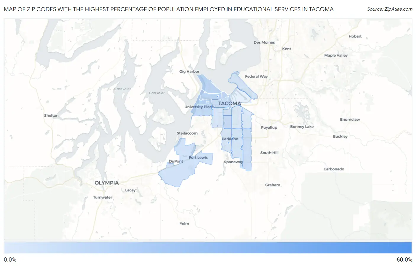 Zip Codes with the Highest Percentage of Population Employed in Educational Services in Tacoma Map
