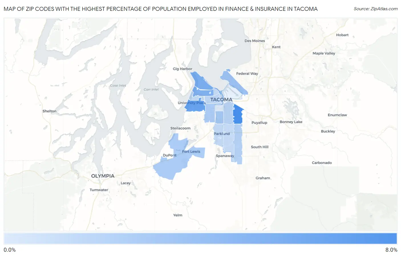 Zip Codes with the Highest Percentage of Population Employed in Finance & Insurance in Tacoma Map
