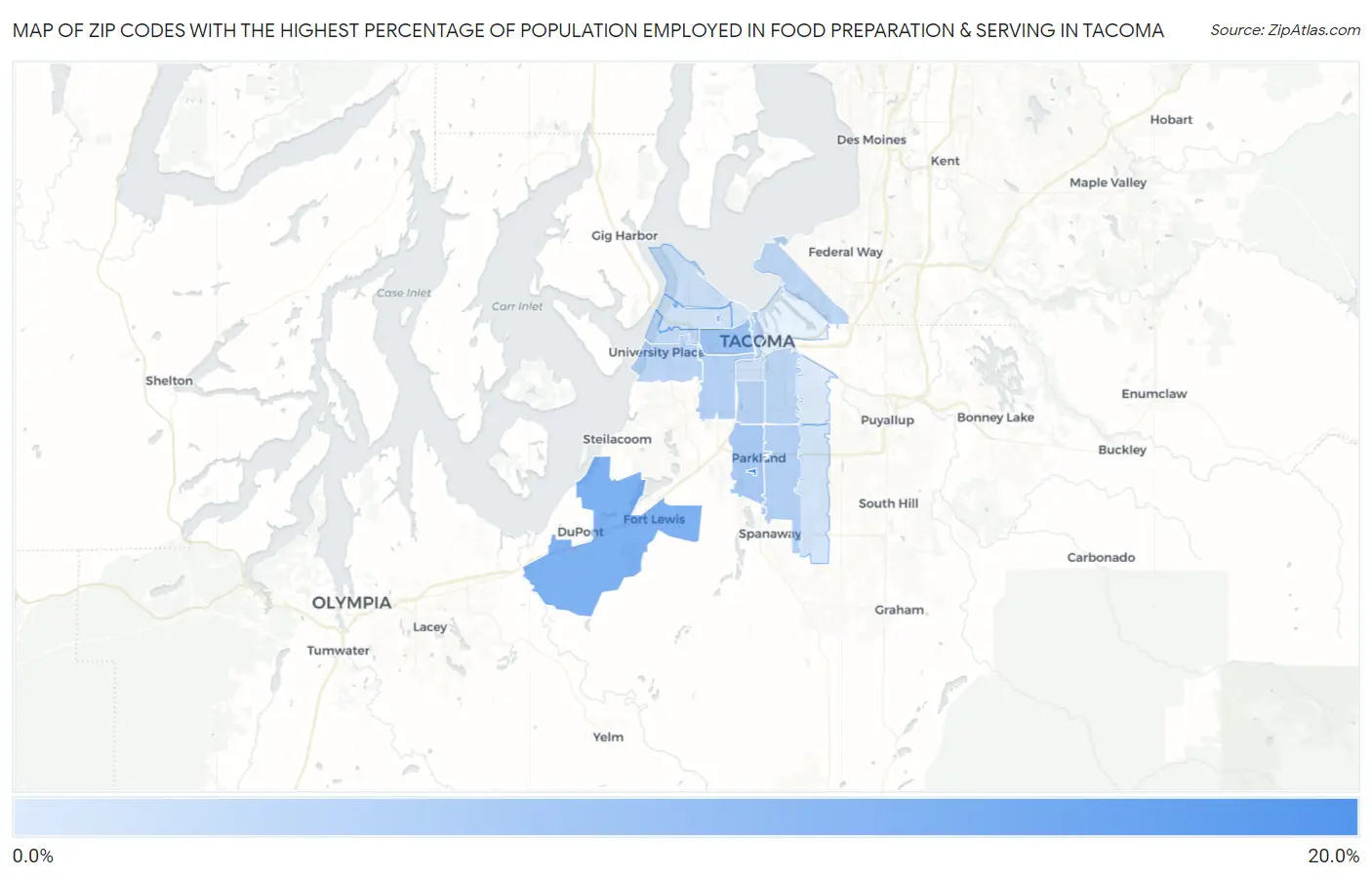 Zip Codes with the Highest Percentage of Population Employed in Food Preparation & Serving in Tacoma Map