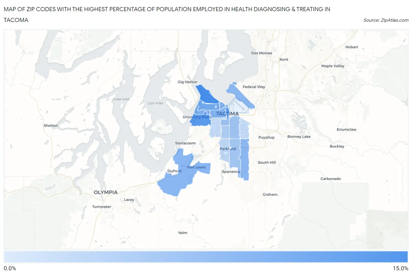 Zip Codes with the Highest Percentage of Population Employed in Health Diagnosing & Treating in Tacoma Map
