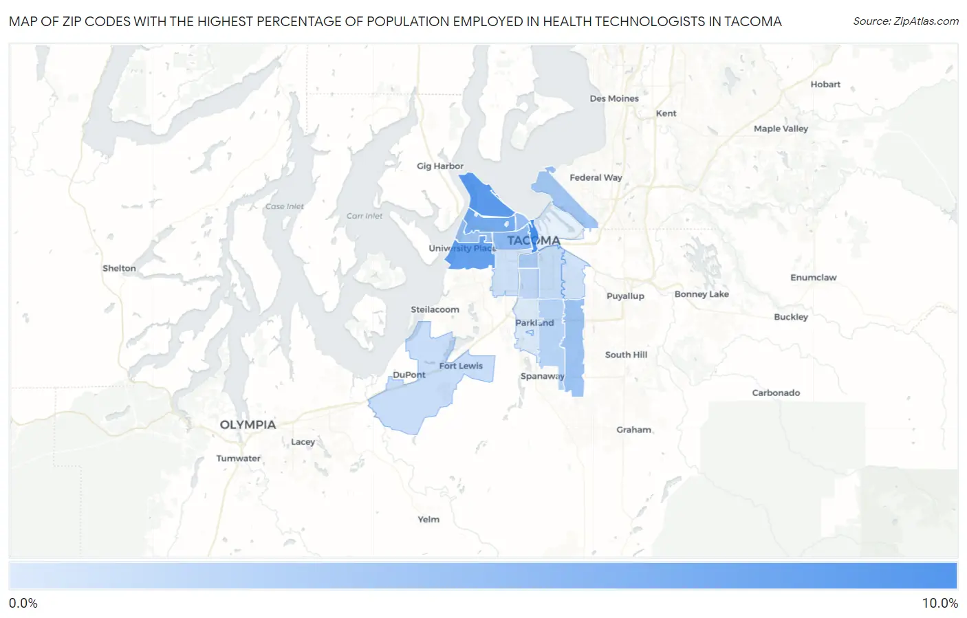 Zip Codes with the Highest Percentage of Population Employed in Health Technologists in Tacoma Map