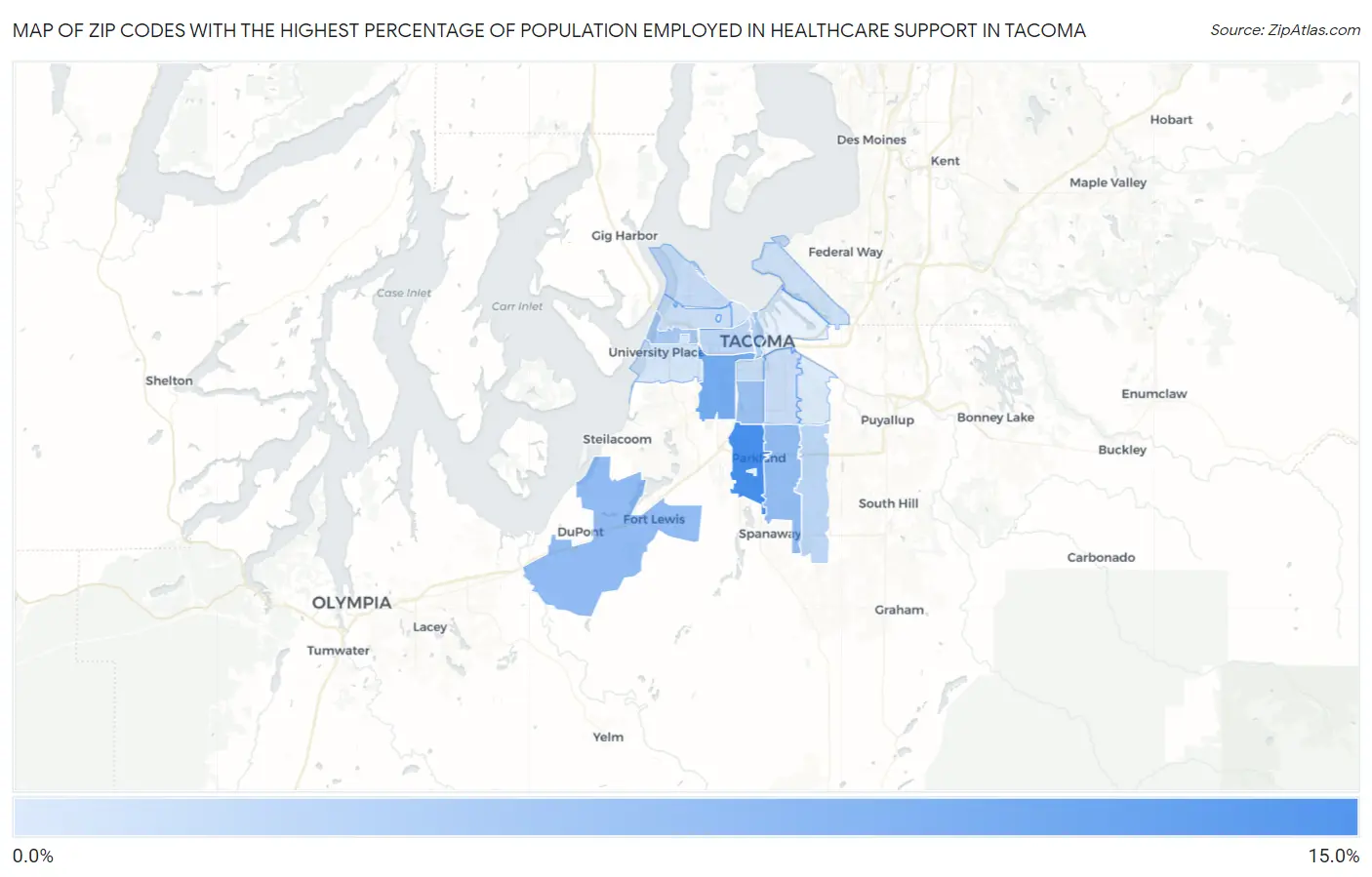 Zip Codes with the Highest Percentage of Population Employed in Healthcare Support in Tacoma Map
