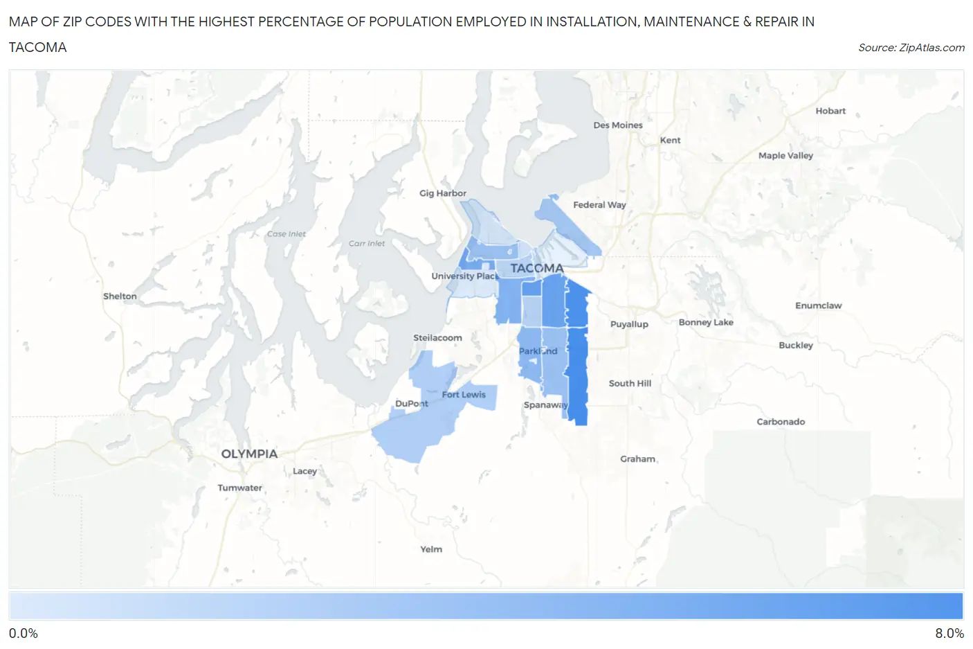 Zip Codes with the Highest Percentage of Population Employed in Installation, Maintenance & Repair in Tacoma Map