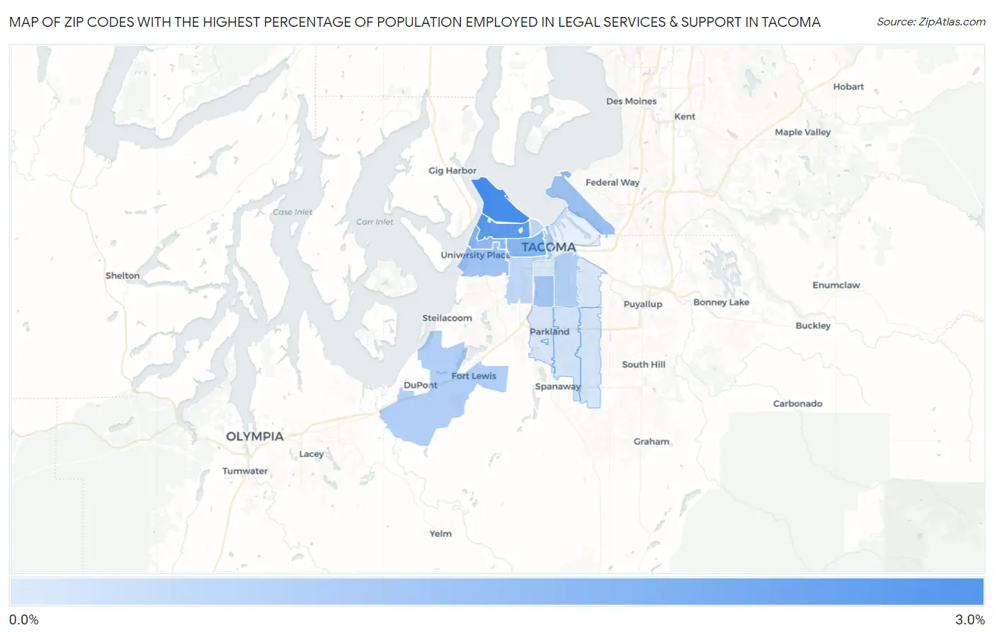 Zip Codes with the Highest Percentage of Population Employed in Legal Services & Support in Tacoma Map