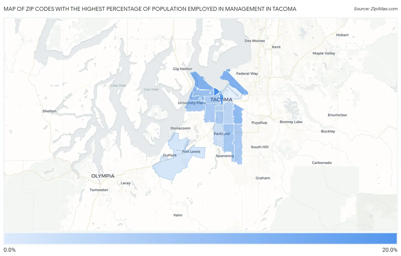 Zip Codes with the Highest Percentage of Population Employed in Management in Tacoma Map