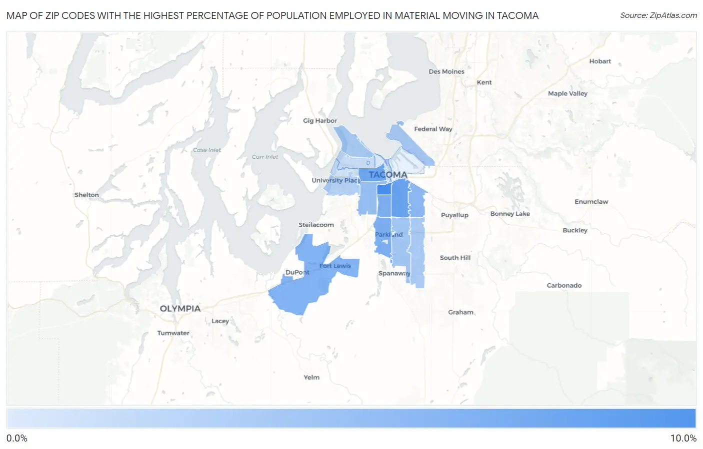Zip Codes with the Highest Percentage of Population Employed in Material Moving in Tacoma Map