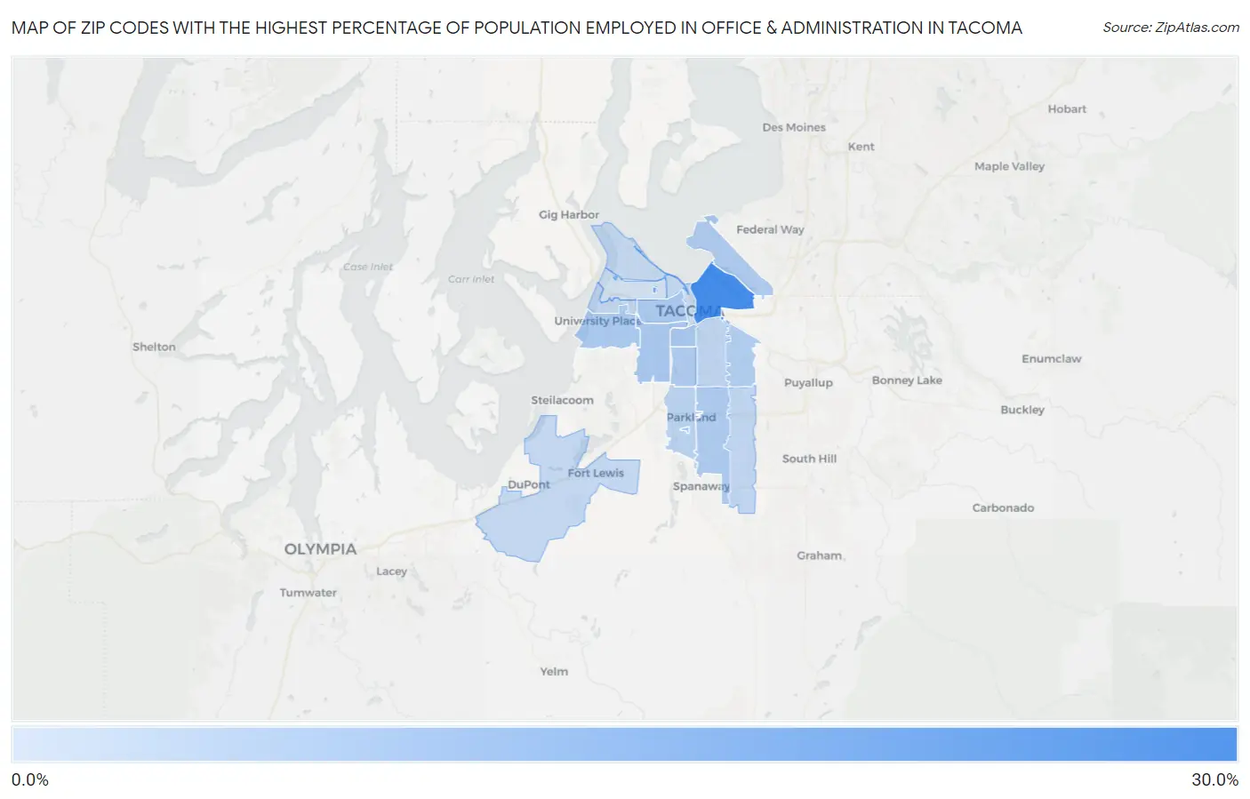 Zip Codes with the Highest Percentage of Population Employed in Office & Administration in Tacoma Map