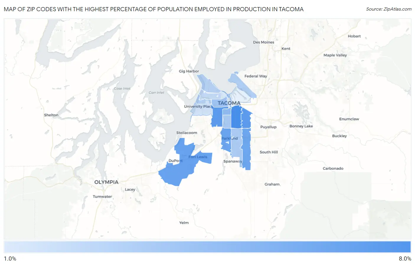 Zip Codes with the Highest Percentage of Population Employed in Production in Tacoma Map