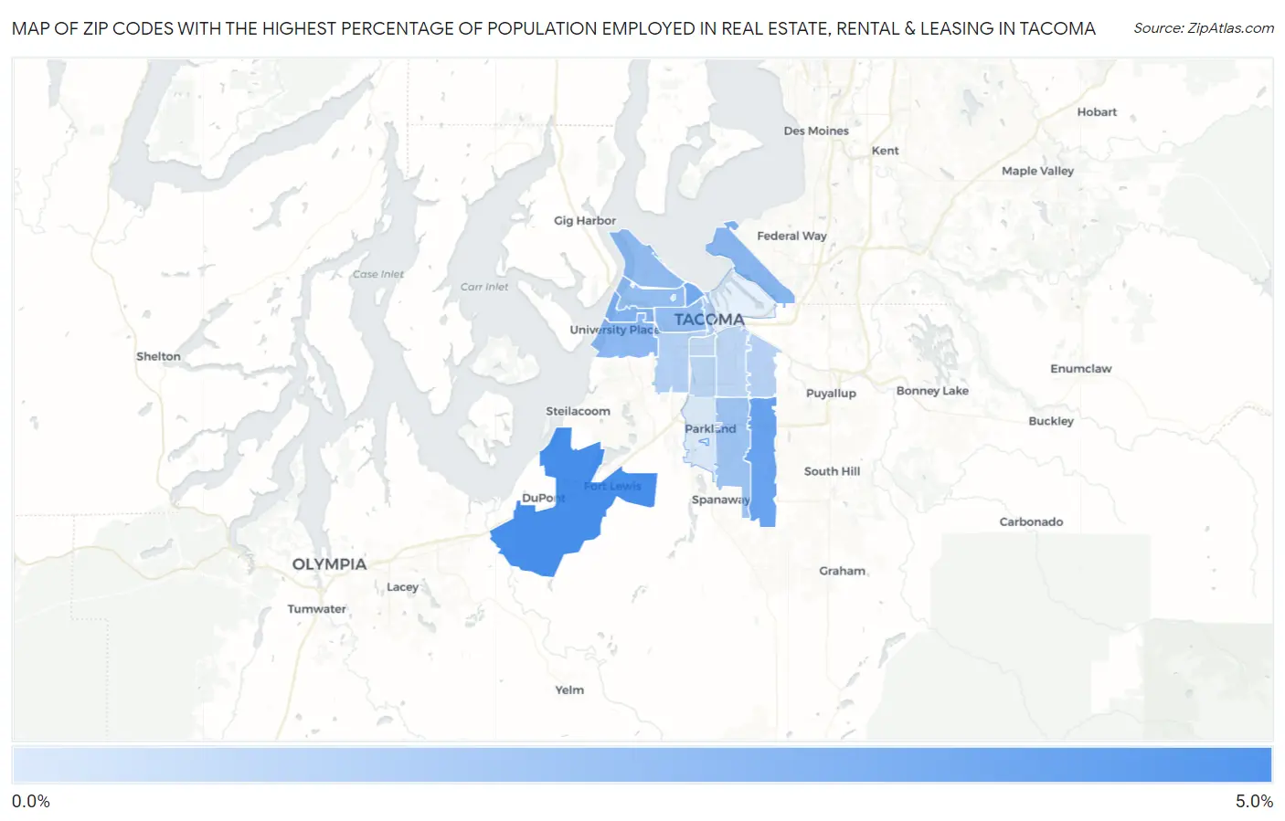 Zip Codes with the Highest Percentage of Population Employed in Real Estate, Rental & Leasing in Tacoma Map
