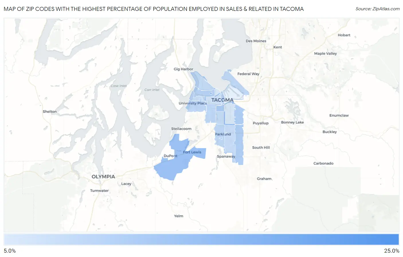 Zip Codes with the Highest Percentage of Population Employed in Sales & Related in Tacoma Map