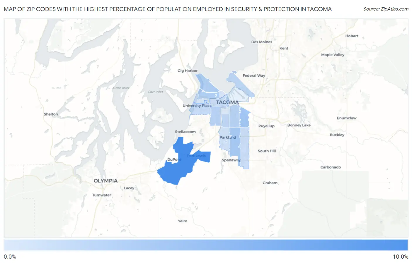 Zip Codes with the Highest Percentage of Population Employed in Security & Protection in Tacoma Map
