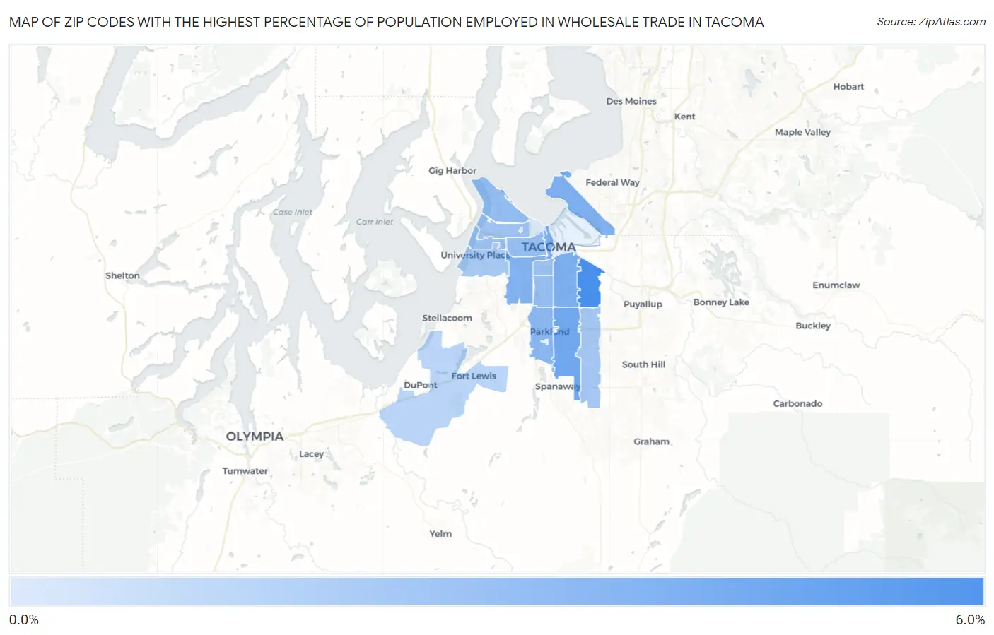 Zip Codes with the Highest Percentage of Population Employed in Wholesale Trade in Tacoma Map
