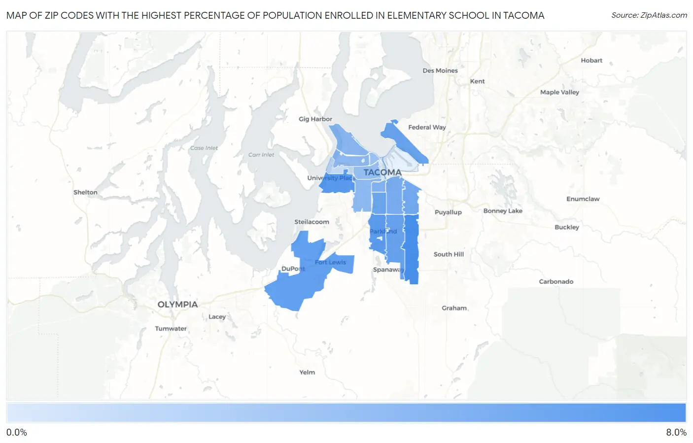 Zip Codes with the Highest Percentage of Population Enrolled in Elementary School in Tacoma Map