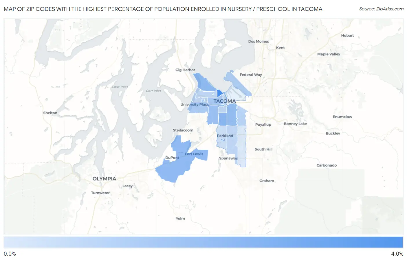 Zip Codes with the Highest Percentage of Population Enrolled in Nursery / Preschool in Tacoma Map