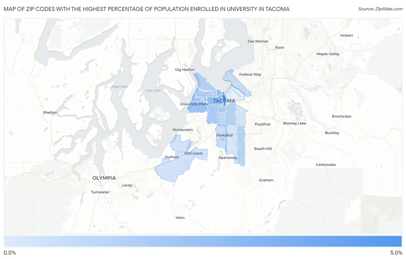 Zip Codes with the Highest Percentage of Population Enrolled in University in Tacoma Map