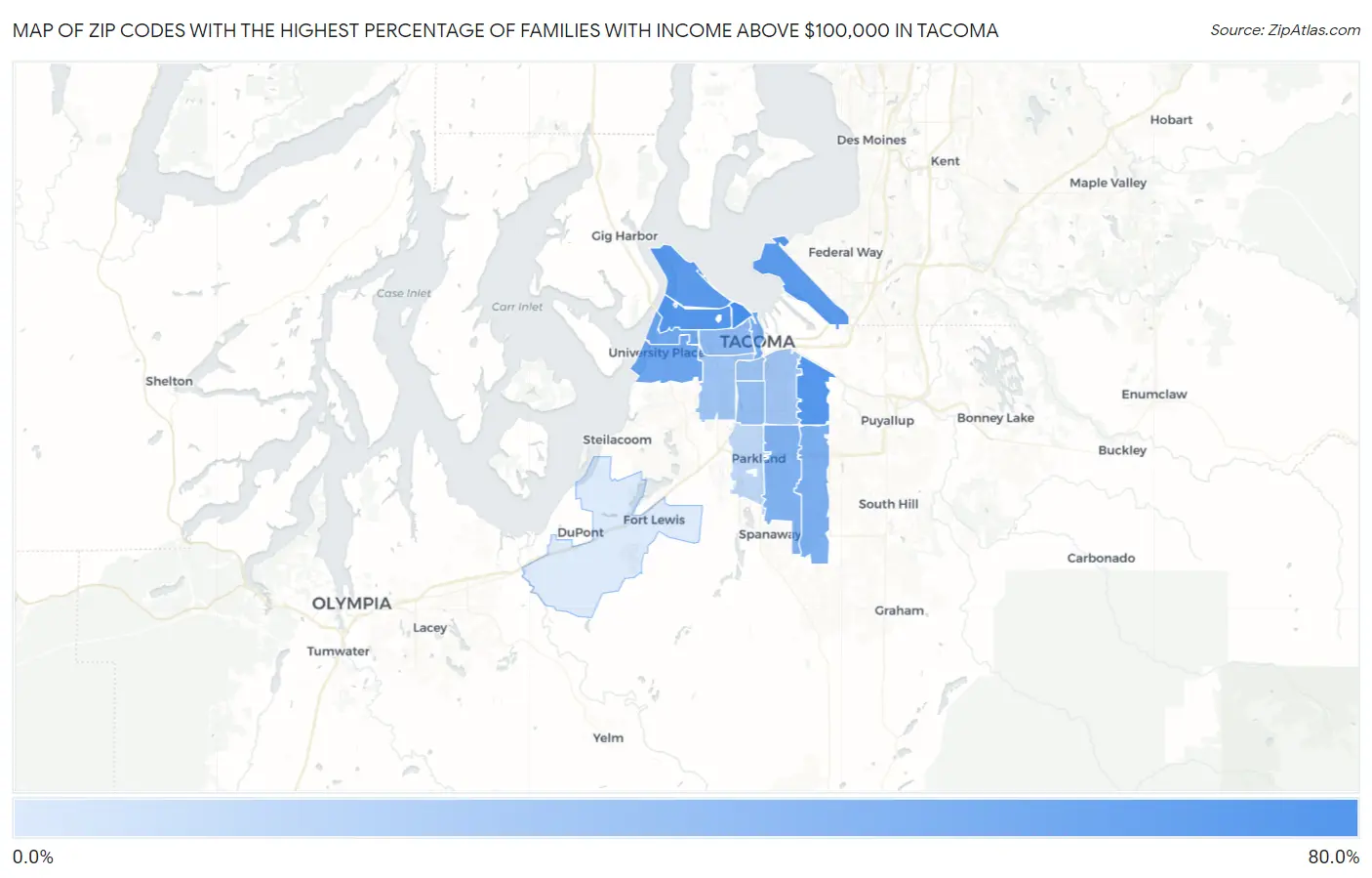 Zip Codes with the Highest Percentage of Families with Income Above $100,000 in Tacoma Map