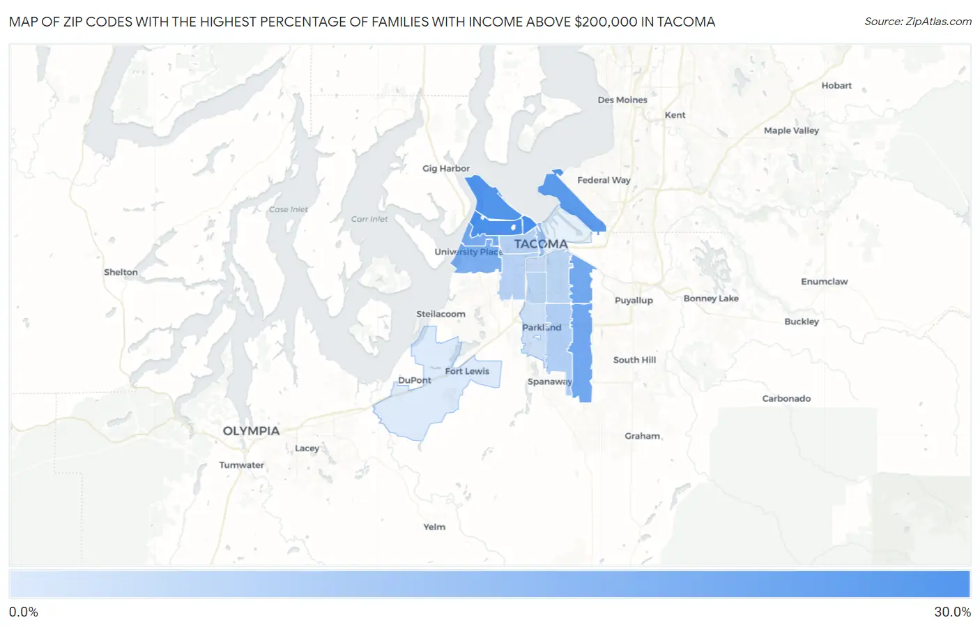 Zip Codes with the Highest Percentage of Families with Income Above $200,000 in Tacoma Map