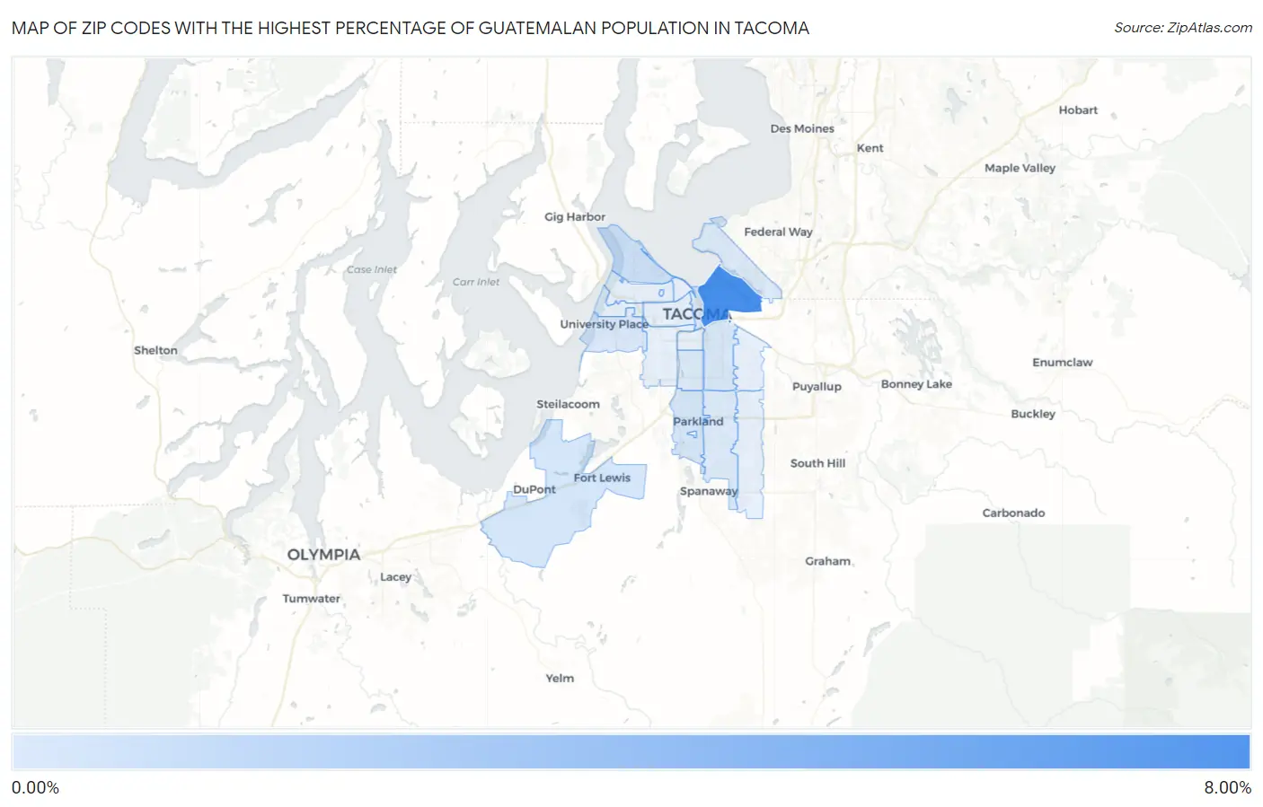 Zip Codes with the Highest Percentage of Guatemalan Population in Tacoma Map