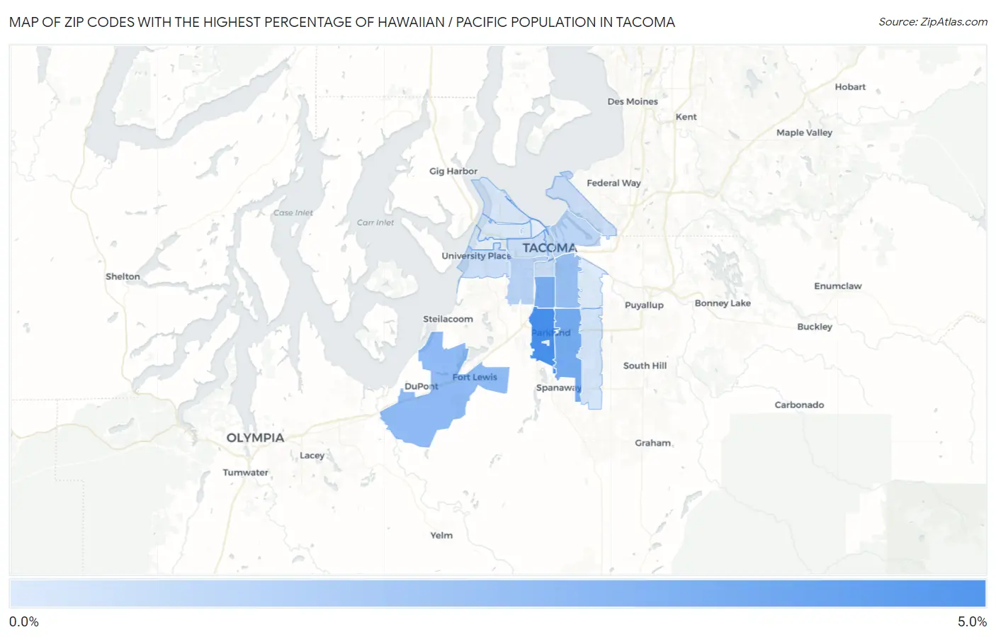 Zip Codes with the Highest Percentage of Hawaiian / Pacific Population in Tacoma Map