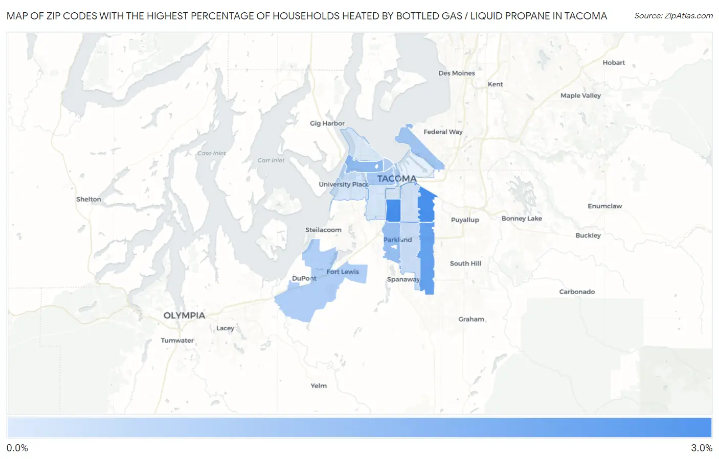 Zip Codes with the Highest Percentage of Households Heated by Bottled Gas / Liquid Propane in Tacoma Map