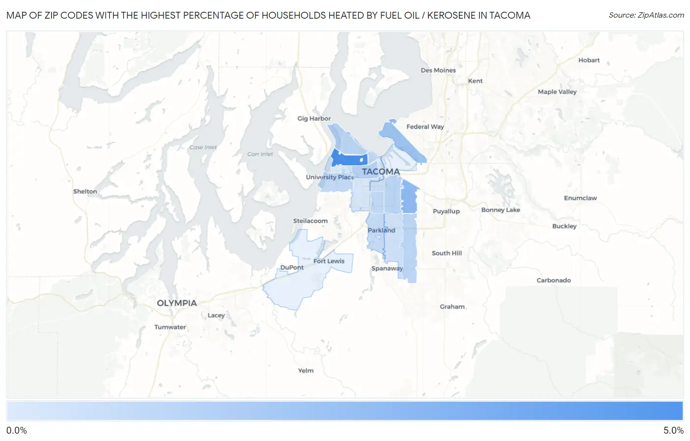 Zip Codes with the Highest Percentage of Households Heated by Fuel Oil / Kerosene in Tacoma Map