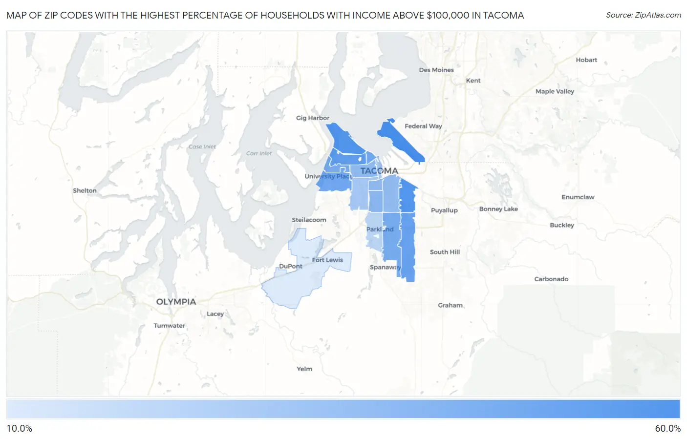 Zip Codes with the Highest Percentage of Households with Income Above $100,000 in Tacoma Map