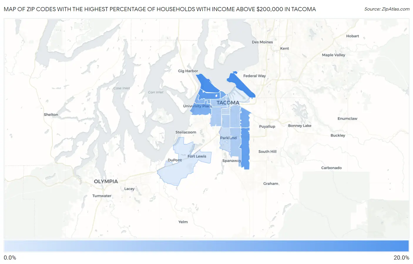 Zip Codes with the Highest Percentage of Households with Income Above $200,000 in Tacoma Map