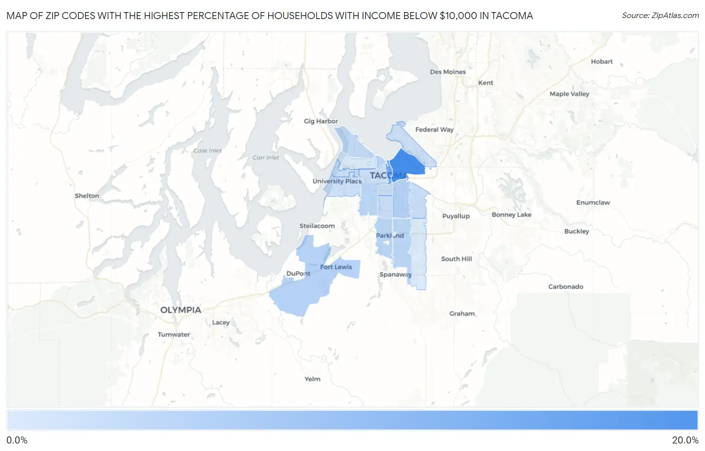 Zip Codes with the Highest Percentage of Households with Income Below $10,000 in Tacoma Map