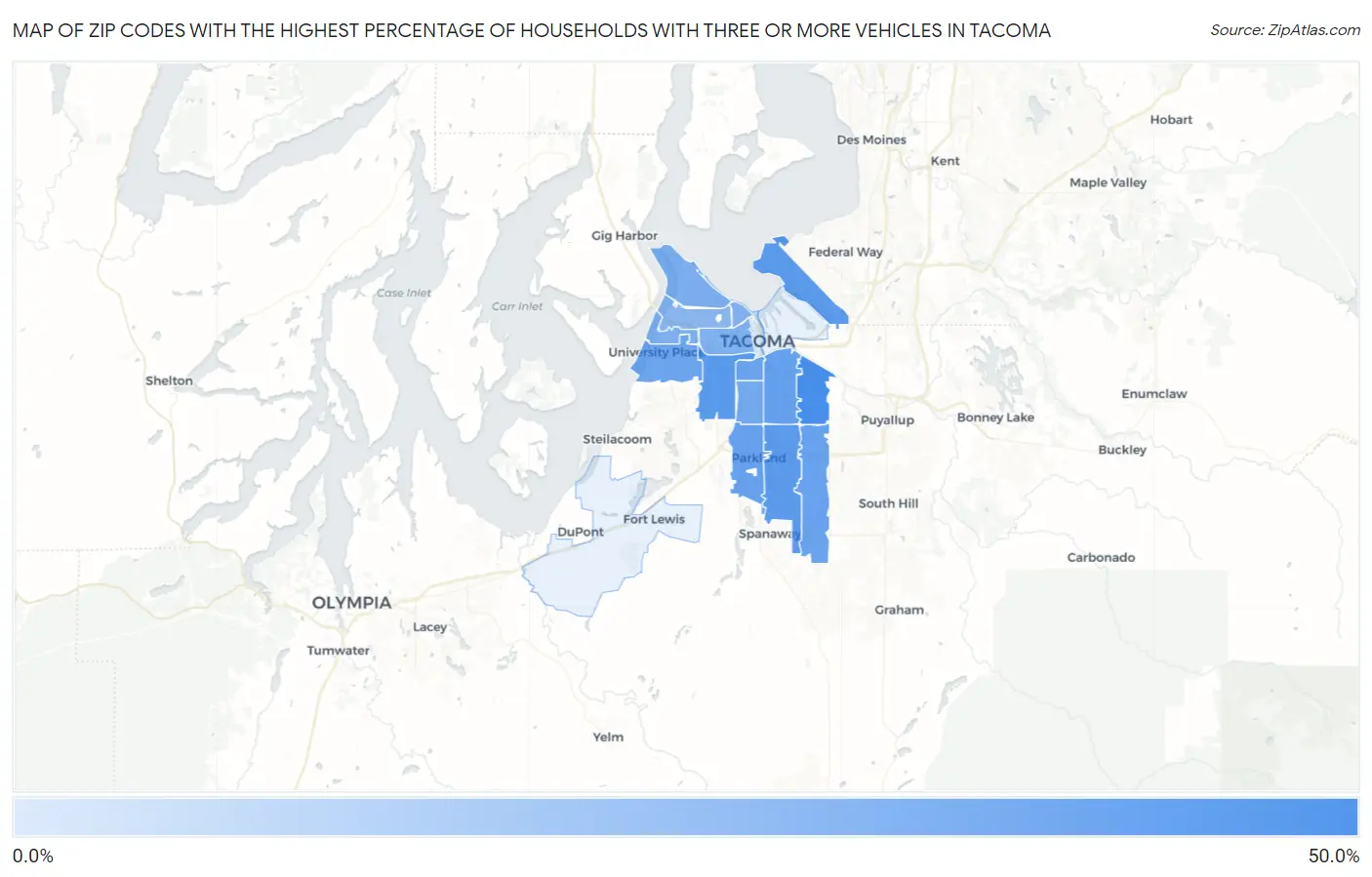 Zip Codes with the Highest Percentage of Households With Three or more Vehicles in Tacoma Map