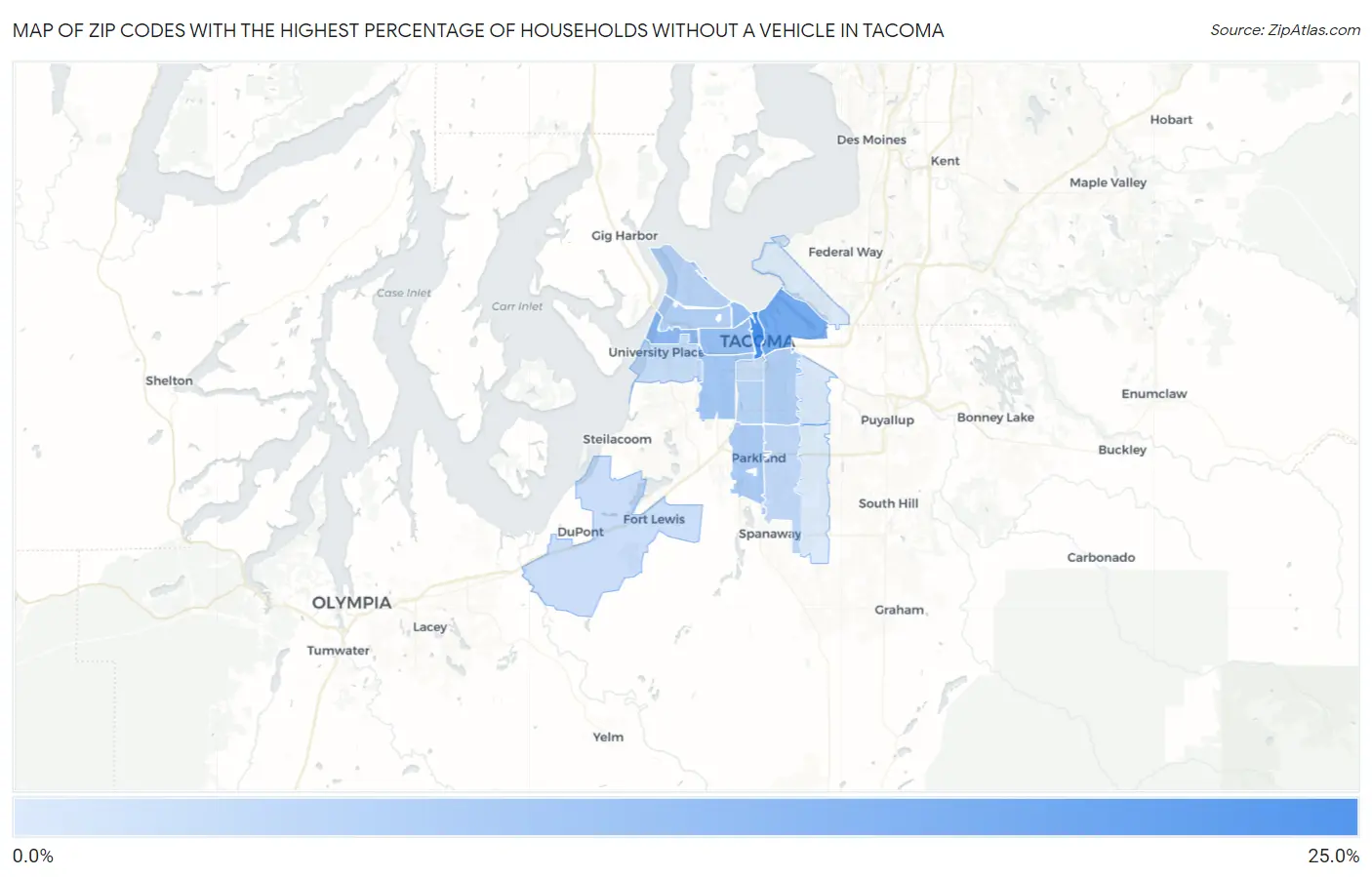 Zip Codes with the Highest Percentage of Households Without a Vehicle in Tacoma Map
