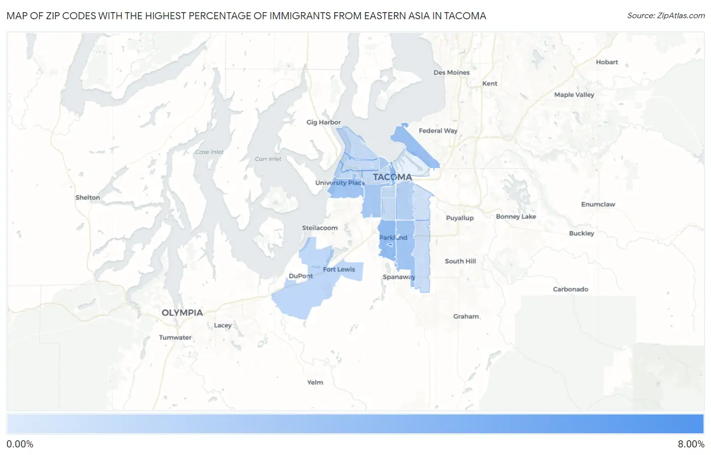 Zip Codes with the Highest Percentage of Immigrants from Eastern Asia in Tacoma Map