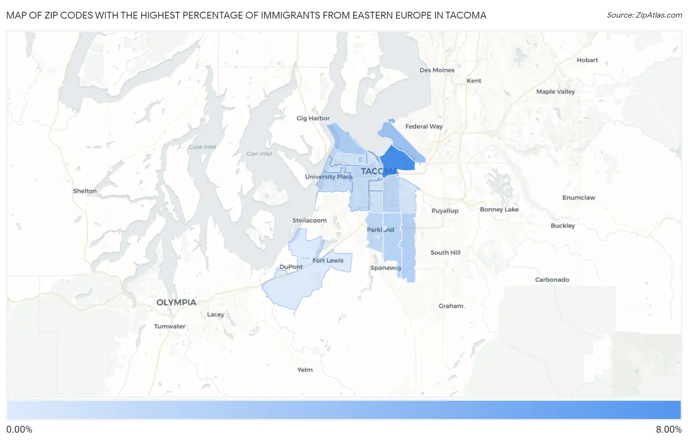 Zip Codes with the Highest Percentage of Immigrants from Eastern Europe in Tacoma Map