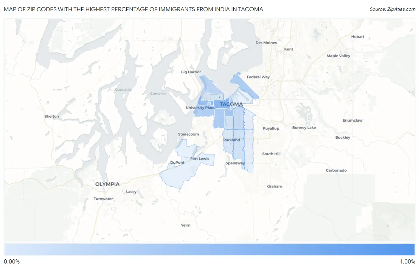 Zip Codes with the Highest Percentage of Immigrants from India in Tacoma Map
