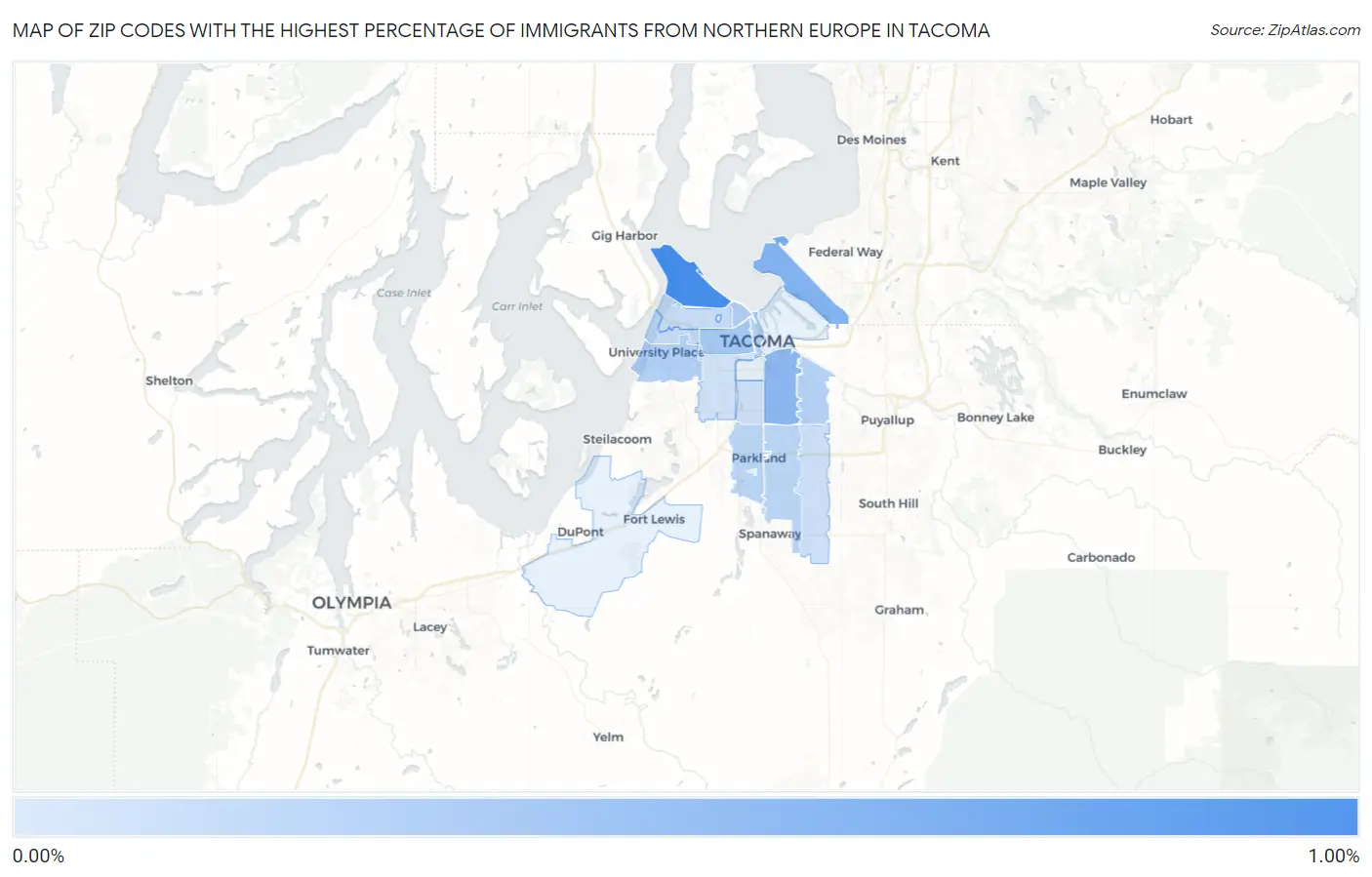 Zip Codes with the Highest Percentage of Immigrants from Northern Europe in Tacoma Map