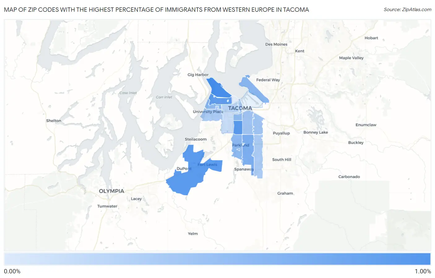 Zip Codes with the Highest Percentage of Immigrants from Western Europe in Tacoma Map