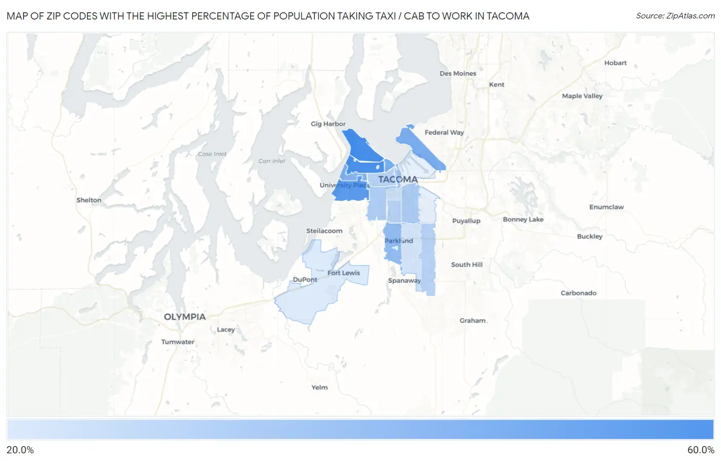 Zip Codes with the Highest Percentage of Population Taking Taxi / Cab to Work in Tacoma Map
