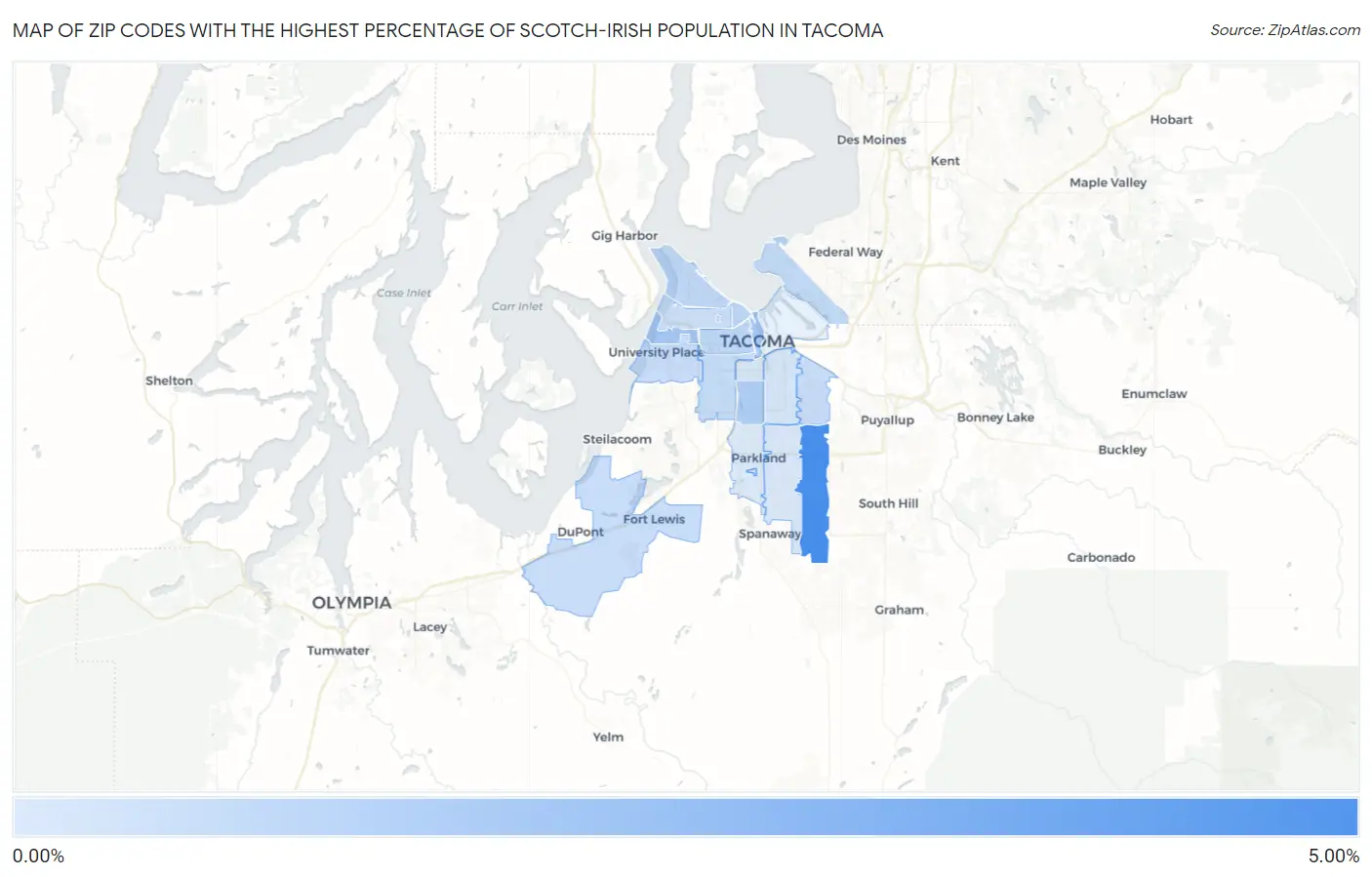Zip Codes with the Highest Percentage of Scotch-Irish Population in Tacoma Map