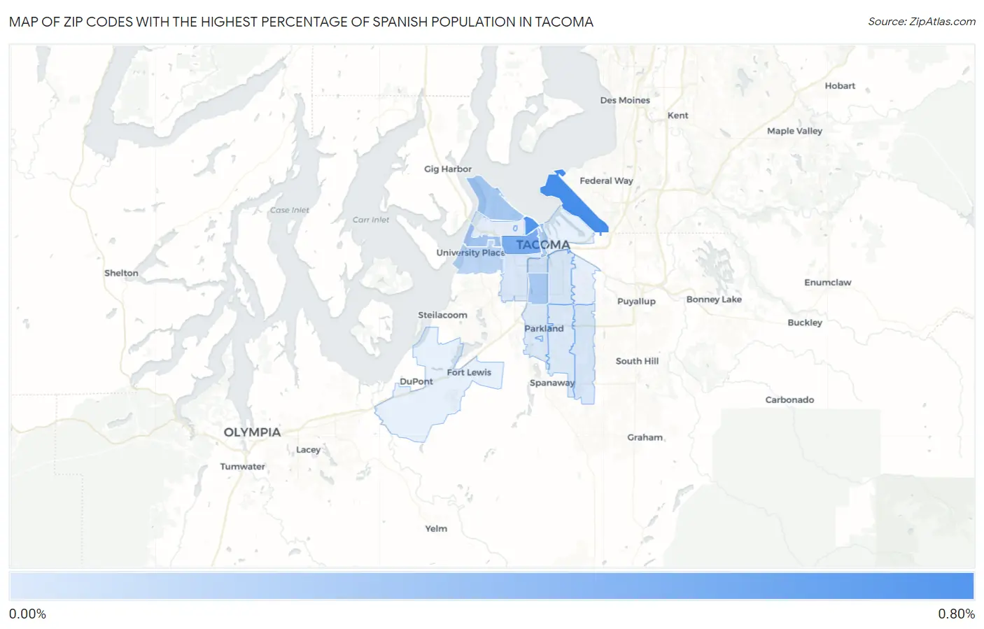 Zip Codes with the Highest Percentage of Spanish Population in Tacoma Map