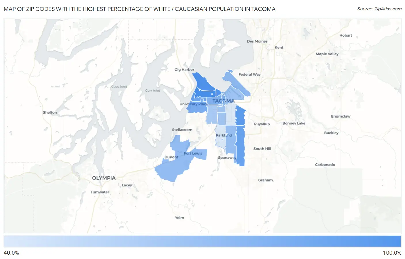 Zip Codes with the Highest Percentage of White / Caucasian Population in Tacoma Map