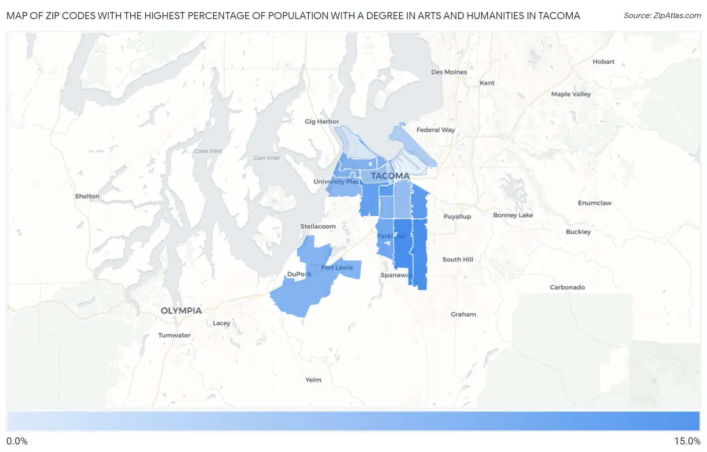 Zip Codes with the Highest Percentage of Population with a Degree in Arts and Humanities in Tacoma Map