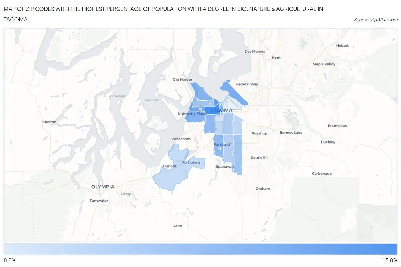 Zip Codes with the Highest Percentage of Population with a Degree in Bio, Nature & Agricultural in Tacoma Map