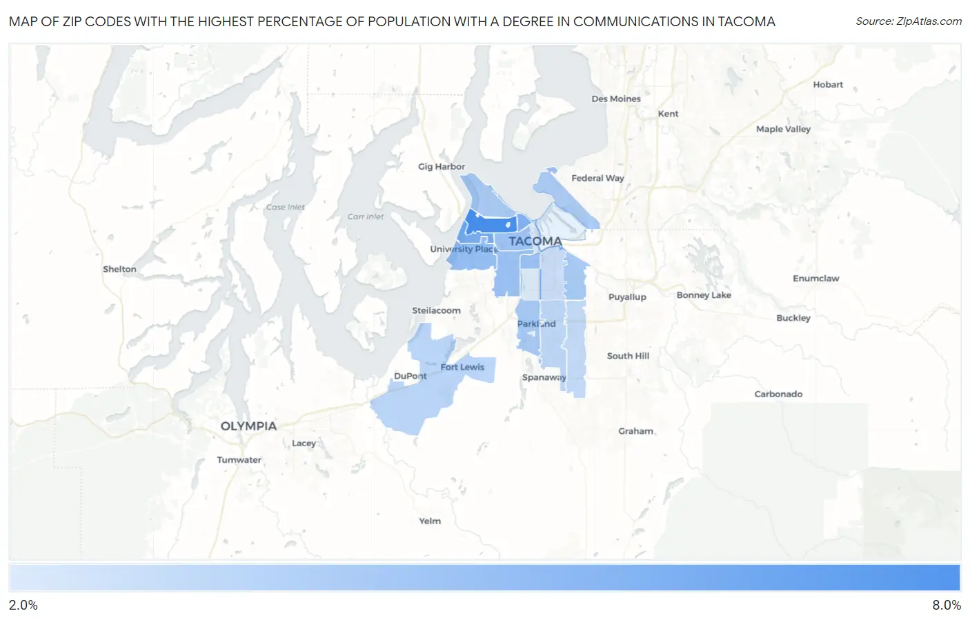 Zip Codes with the Highest Percentage of Population with a Degree in Communications in Tacoma Map